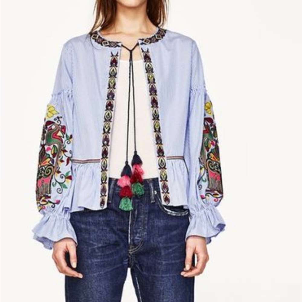 Zara Sequin Embroidered Striped Jacket Blouse Kimono